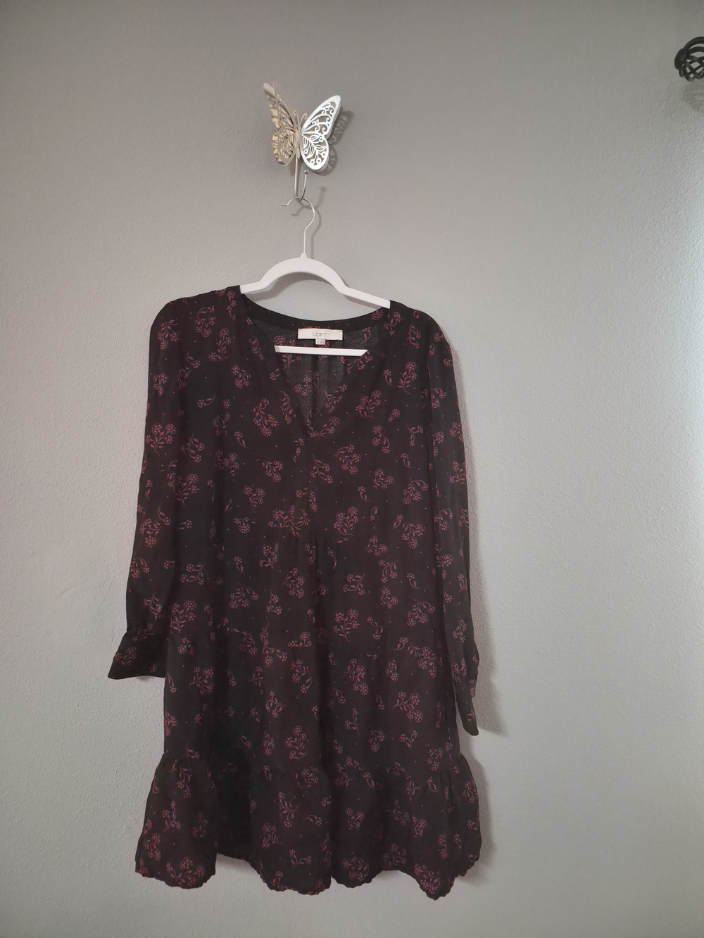 LOFT Black Long-Sleeve Floral Tiered Dress - Red Print